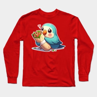 cute love birds are eating Mexican specialties, Tacos, Burritos, Enchiladas, Quesadillas, Guacamole, Fajitas, Chiles Rellenos, Tamales, Mole, Chilaquiles, Long Sleeve T-Shirt